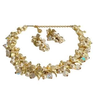 Vintage Pearl Aurora Borealis Crystal Cluster Necklace & Earrings Champagne Gold